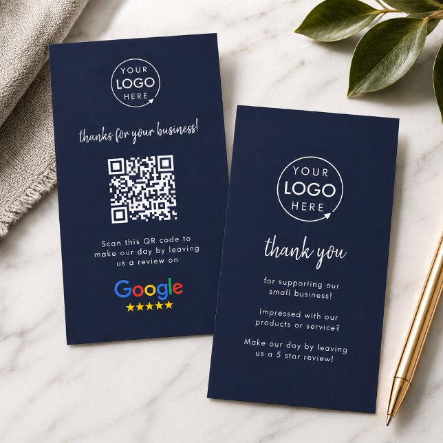 Google Review uns Business Danke QR Code Navy Visitenkarte (Google Review interactive QR code business card branded with your company logo.)