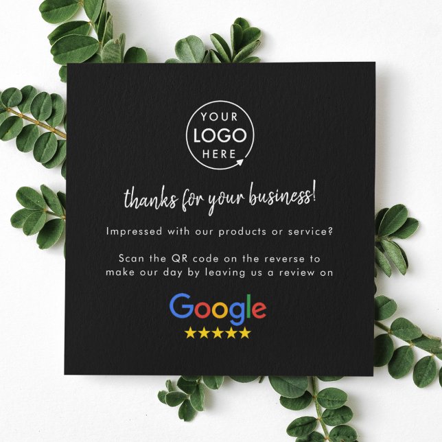 Google Review us Black Business Vielen Dank QR Cod Quadratische Visitenkarte (Google Review interactive QR code cards branded with your company logo.)