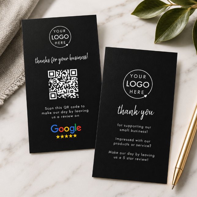 Google Review us Black Business Vielen Dank QR Cod Visitenkarte (Google Review interactive QR code business cards branded with your company logo.)