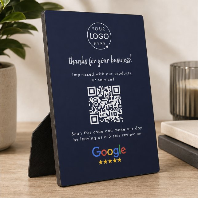Google Reviews Business Review Link QR Code Navy Fotoplatte (Google Review interactive QR code tabletop easel plaque sign branded with your company logo.)