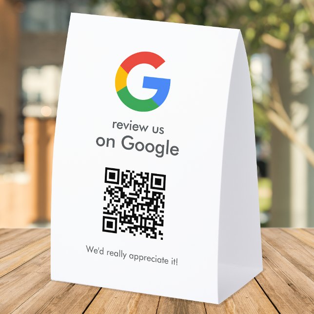Google Reviews Tabletop Sign | QR Code Pedestal Tischaufsteller (Gain Google reviews & grow your business with this editable rating request paper table tent sign.)