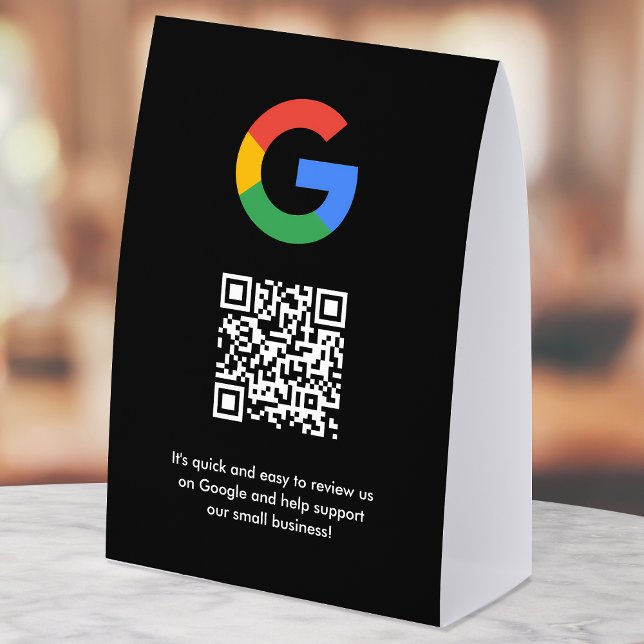 Google Reviews Tabletop Sign | QR Code Table Tent Tischaufsteller (Google Review interactive QR code paper table tent signs branded with your company logo.)