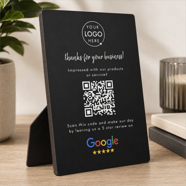 Google überprüft Business Rating Link QR Code Blac Fotoplatte (Google Review interactive QR code tabletop easel plaque sign branded with your company logo.)
