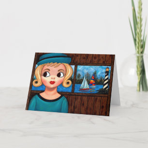Googly Girl Sailor Head Vase Lighthouse Sailboat Karte