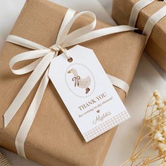 Goose Baby Shower Favor Tags | Beige Gingham Geschenkanhänger