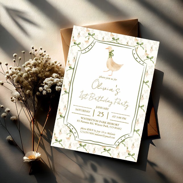 Goose Kinderzimmer Rhymes Geburtstagsparty Einladung (Goose nursery rhymes birthday party invitation template silly goose party invite sage green ribbon)