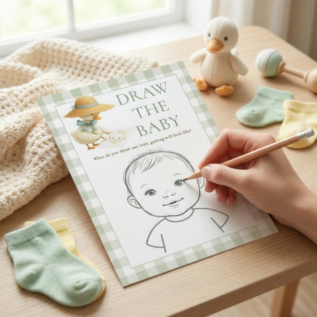 Goose Sage Gingham Draw The Baby Shower Game Card Einladung (Von Creator hochgeladen)