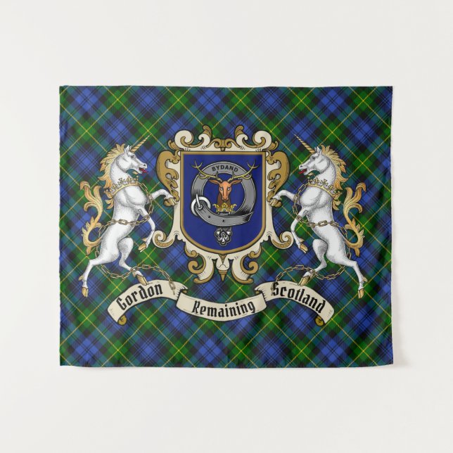 Gordon Clan Abzeichen & Unicorns w/Tartan Wandteppich (Vorderseite (Horizontal))