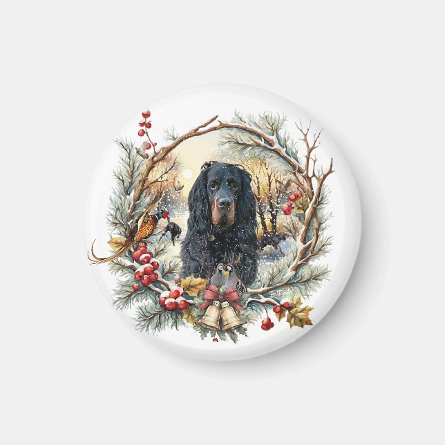 Gordon Setter Christmas Joy – Seasonal Dog Art Magnet (Vorne)