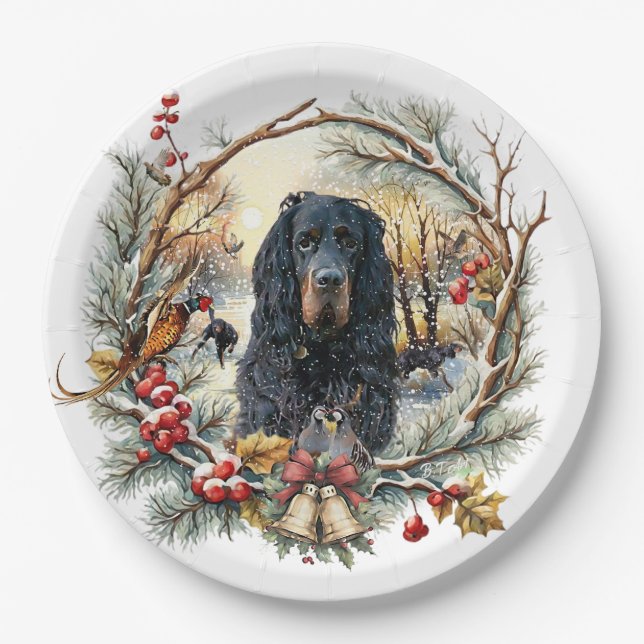 Gordon Setter Christmas Joy – Seasonal Dog Art Pappteller (Vorderseite)