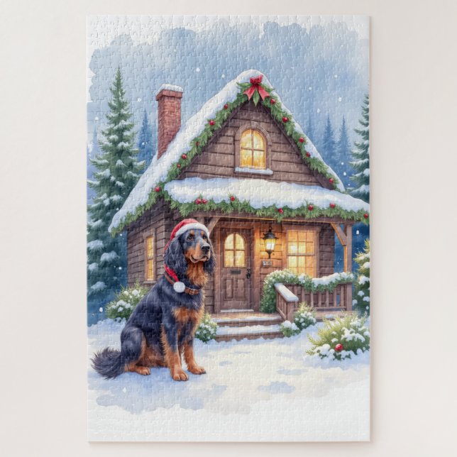 Gordon Setter Snowy Lodge Santa Hat Christmas Art (Vertikal)