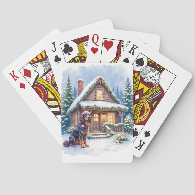 Gordon Setter Snowy Lodge Santa Hat Christmas Art Spielkarten (Rückseite)
