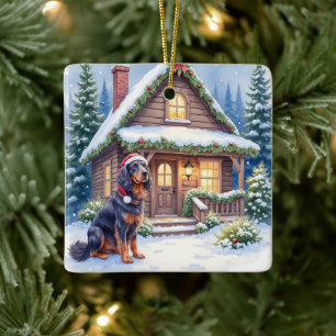Gordon Setter Snowy Lodge Weihnachtsmannmütze Weih Keramikornament