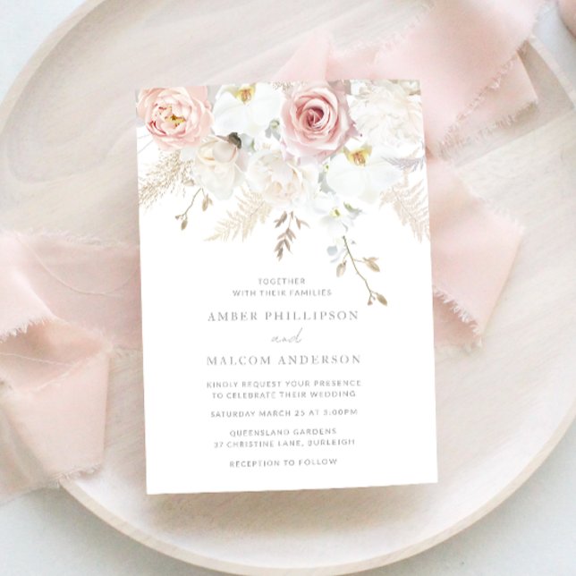 Gorgeous Elegance: Blush & White Floral Wedding Einladung (Von Creator hochgeladen)
