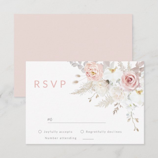 Gorgeous Elegance: Blush & White Floral Wedding RSVP Karte (Vorne/Hinten)