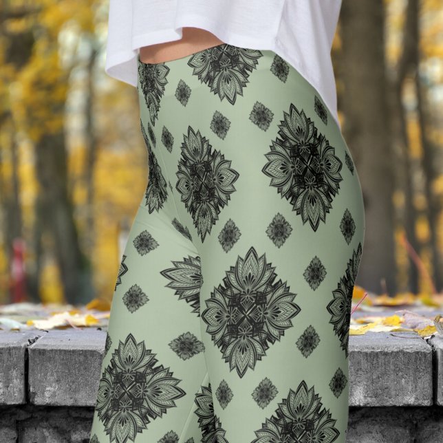 Gorgeous Green Laural Mandela Pattern Leggings (Mandela on Laural Green)