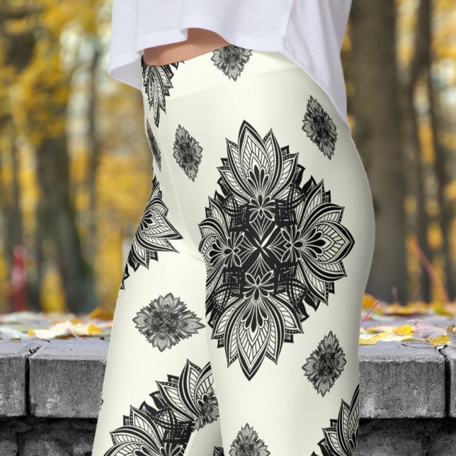 Gorgeous Ivory White Mandela Pattern Leggings (Mandela on Ivory )
