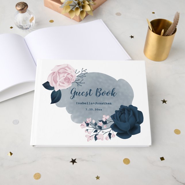 gorgeous navy blue & pink flowers botanical gästebuch (Vorderseite Offen)
