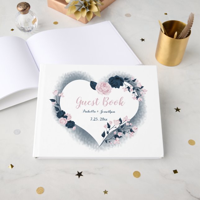 gorgeous navy blue & pink flowers floral heart gästebuch (Vorderseite Offen)