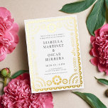 Gorgeous Papel Picado Boda Wedding REAL Folieneinladung<br><div class="desc">Dieses wunderschöne Papelpicado inspirierte Hochzeitsinspektionsdesign besticht durch einen verzierten Rahmen aus Goldfolie, einen klassischen weißen Hintergrund und eine moderne Typografie. Dieses elegante und dennoch moderne Design ist eine fabelhafte Wahl für eine Latinx Hochzeit oder Mexiko-Hochzeit in Urlaubsort. Sie können dieses Design noch weiter anpassen, indem Sie dem Backer ein Foto...</div>