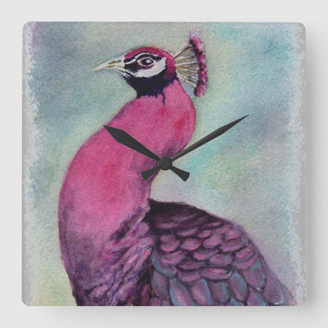 GORGEOUS PINK PEACOCK QUADRATISCHE WANDUHR (Vorderseite)
