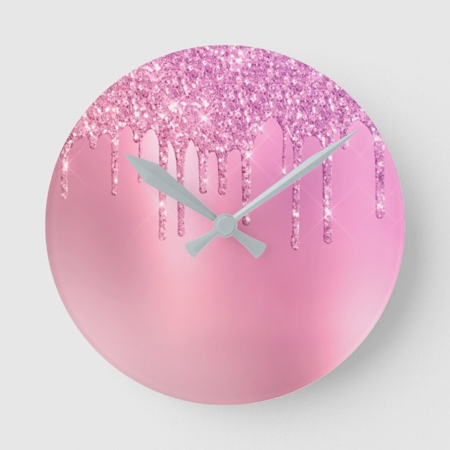 Gorgeous pink rose gold & purple glitter drips runde wanduhr (Vorderseite)