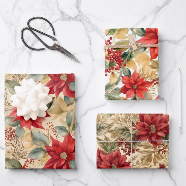 Gorgeous Poinsettia Weihnachtskoordination Geschenkpapier Set (Vorderseite)