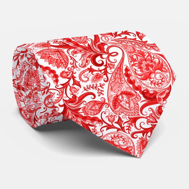 Gorgeous Red White Floral Paisley Muster Krawatte (Gerollt)