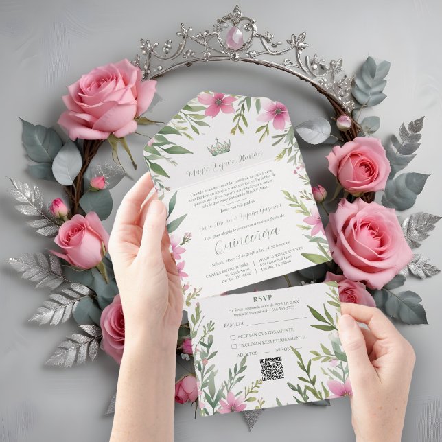 Gorgeous Romantic Pink & Green Princess Tiara All In One Einladung (Gorgeous Romantic Pink & Green Princess Tiara on Floral Frame Watercolor Effect Spanish Quinceañera )