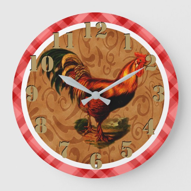 Gorgeous Rustic Rooster Country Chic Red Tartan Große Wanduhr (Vorderseite)