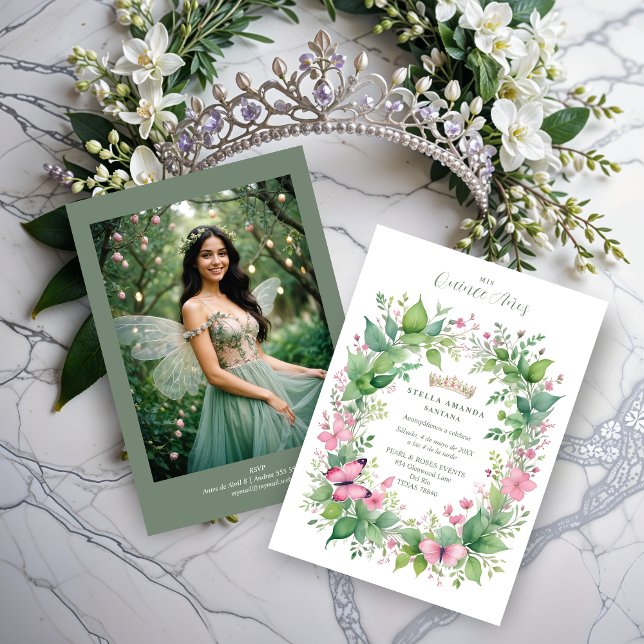 Gorgeous Spring Tiara Green & Pink Floral Spanish  Einladung (Gorgeous Spring Tiara Green & Pink Floral Spanish Quinceañera Photo Invitations Cards. )