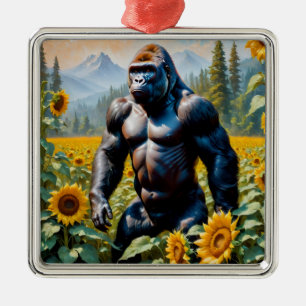 Gorilla Ape in einem Feld der Sonnenblumen Ornament Aus Metall