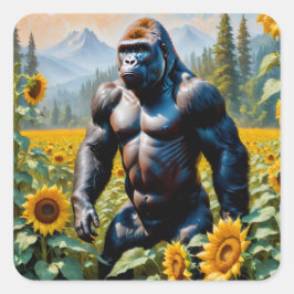 Gorilla Ape in einem Feld der Sonnenblumen Quadratischer Aufkleber