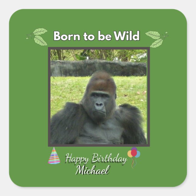 Gorilla Birthday Bash in Green Quadratischer Aufkleber (Vorderseite)
