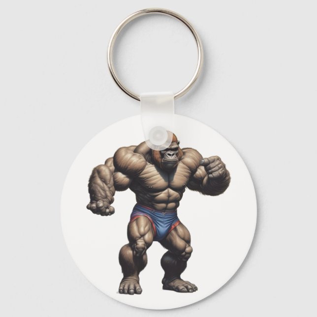 Gorilla Bodybuilder Pop Art Cartoon Drawing Schlüsselanhänger (Vorderseite)