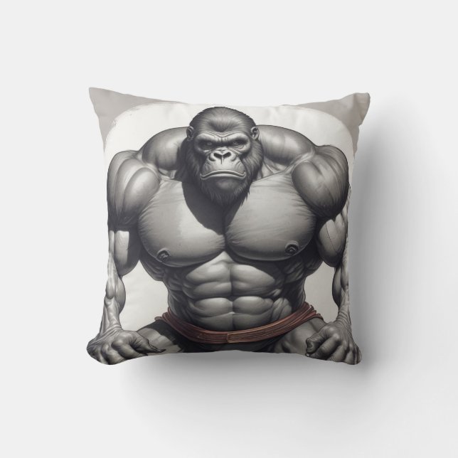 Gorilla Bodybuilder Pop Art Cartoon Zeichnend Kissen (Vorderseite)