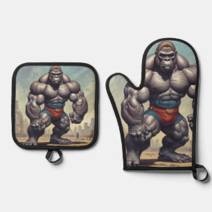 Gorilla Bodybuilder Pop Art Cartoon Zeichnend Ofenhandschuh & Topflappen-Set