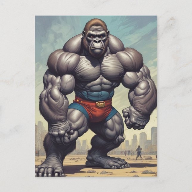 Gorilla Bodybuilder Pop Art Cartoon Zeichnend Postkarte (Vorderseite)