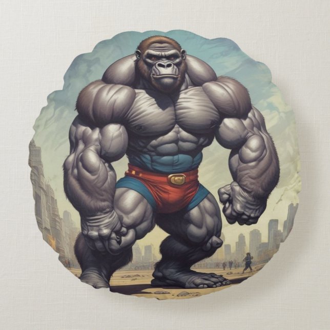 Gorilla Bodybuilder Pop Art Cartoon Zeichnend Rundes Kissen (Vorderseite)