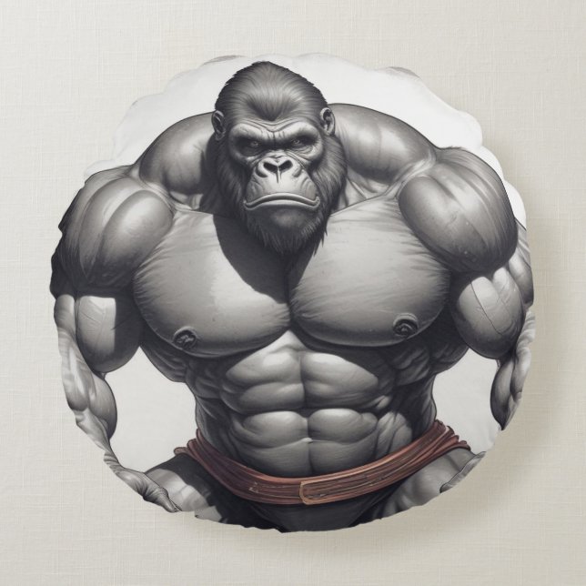 Gorilla Bodybuilder Pop Art Cartoon Zeichnend Rundes Kissen (Vorderseite)