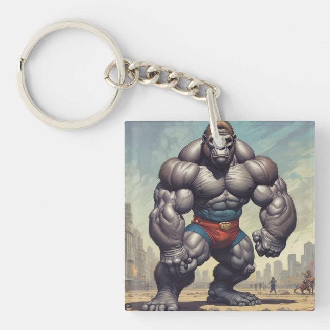 Gorilla Bodybuilder Pop Art Cartoon Zeichnend Schlüsselanhänger (Vorderseite)