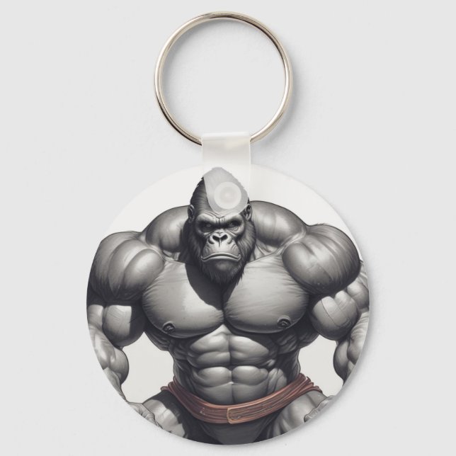 Gorilla Bodybuilder Pop Art Cartoon Zeichnend Schlüsselanhänger (Vorderseite)