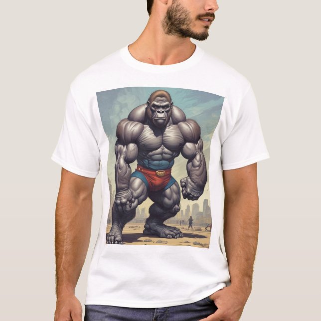 Gorilla Bodybuilder Pop Art Cartoon Zeichnend T-Shirt (Vorderseite)