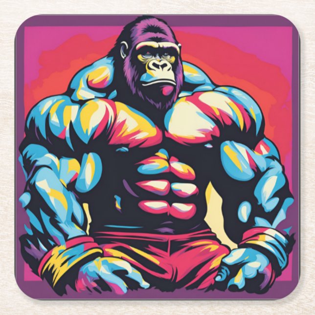 Gorilla Bodybuilder Pop Cartoon Rechteckiger Pappuntersetzer (Vorderseite)