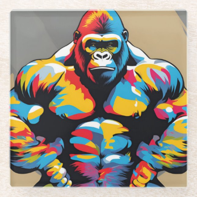 Gorilla Bodybuilder Pop Hebebühnen Cartoon Glasuntersetzer (Vorderseite)