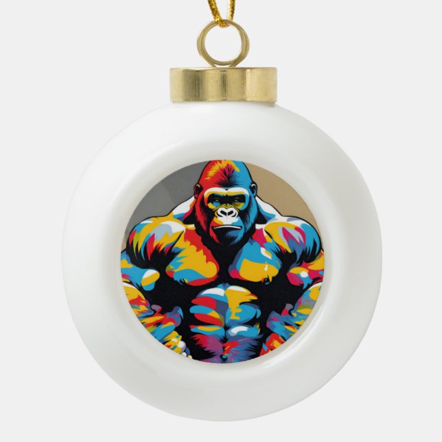 Gorilla Bodybuilder Pop Hebebühnen Cartoon Keramik Kugel-Ornament (Vorderseite)
