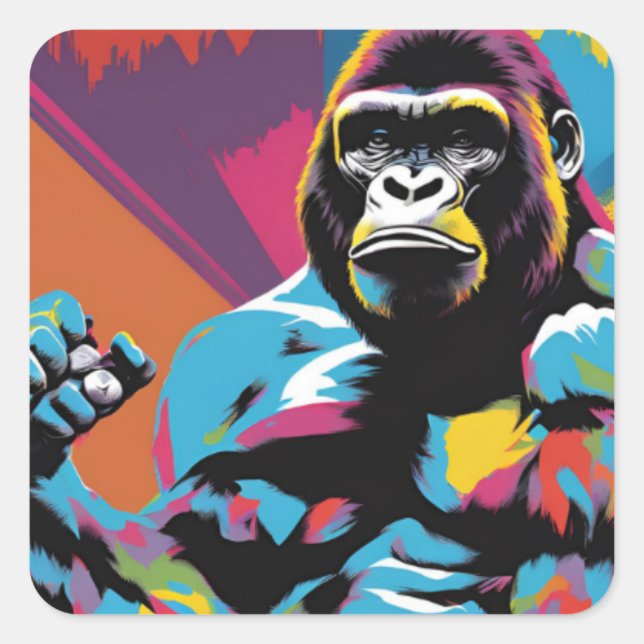 Gorilla Bodybuilder Pop Hebebühnen Cartoon Quadratischer Aufkleber (Vorderseite)