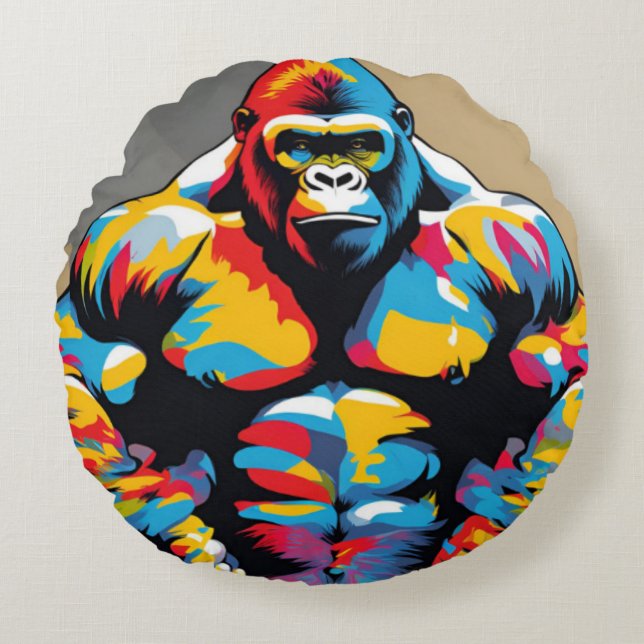 Gorilla Bodybuilder Pop Hebebühnen Cartoon Rundes Kissen (Vorderseite)