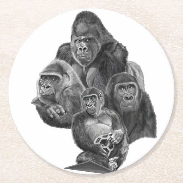 Gorilla Family coaster. ゴリラ家族のコースター　GorillaLife Runder Pappuntersetzer (Vorderseite)