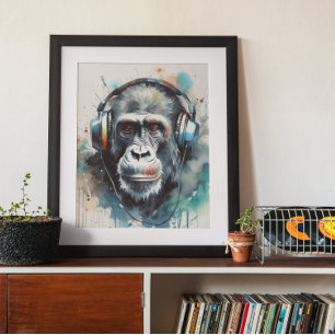 Gorilla hört Kopfhörer Poster